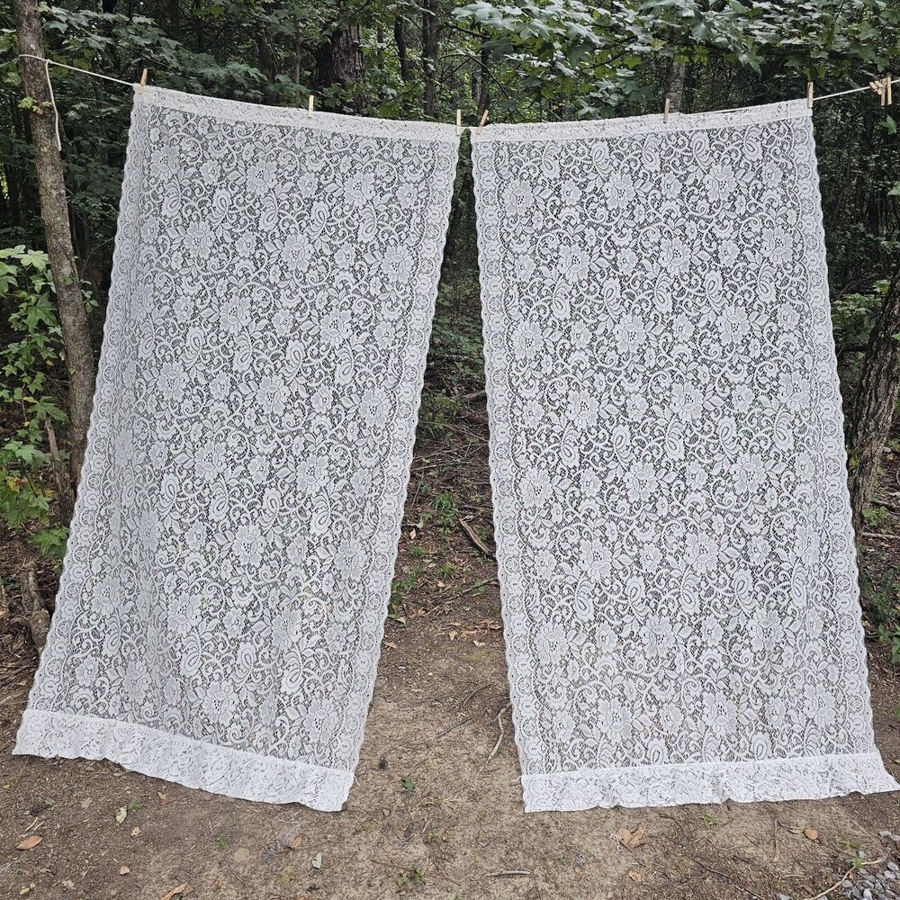 Vintage Creamy White Floral Lace Curtain Panels Pair 39x79 Cottagecore Romantic